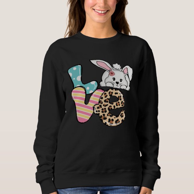 Love Bunny Leopard Plaid Easter Day Retro Groovy Sweatshirt (Front)