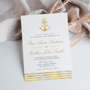 Love by the sea gold anchor nautical navy wedding invitation