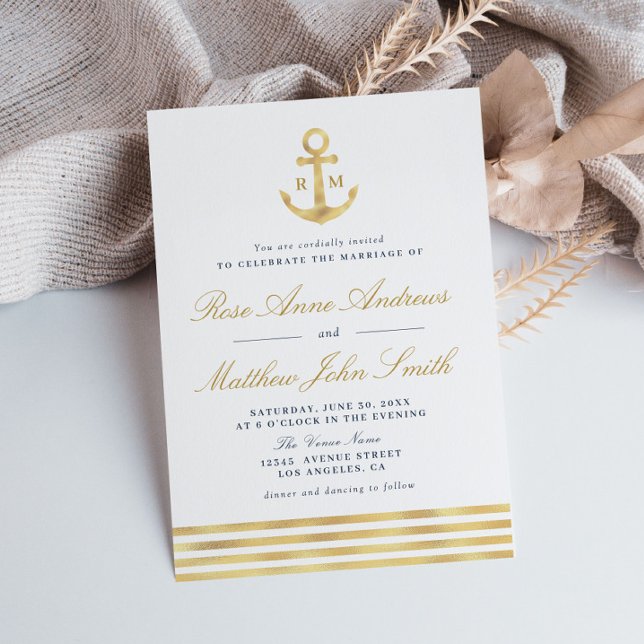 Love by the sea gold anchor nautical navy wedding invitation (Creator Uploaded)