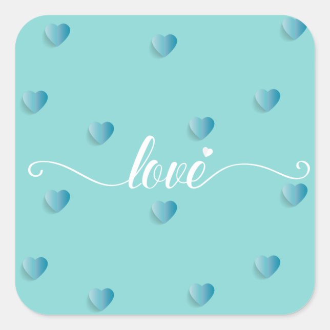 Love calligraphy cyan heart square sticker (Front)