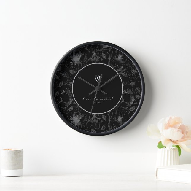 Love Calligraphy Floral w/Names Border Wht ID940 Clock (Home)