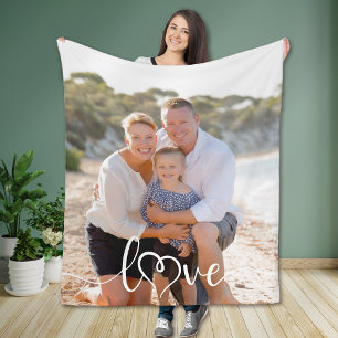 Love Calligraphy Heart Photo Fleece Blanket