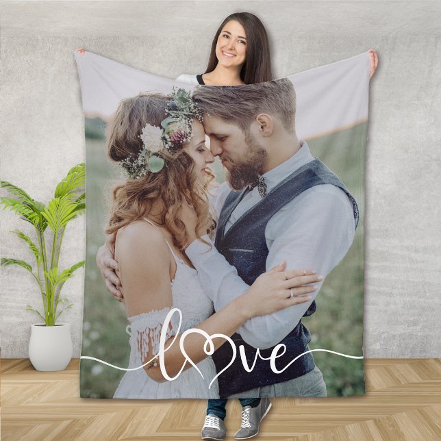 Love Calligraphy Heart Photo Fleece Blanket (Creator Uploaded)