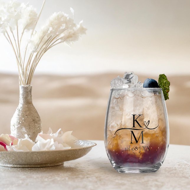 Love Calligraphy Initials Heart Black B&W ID940 Stemless Wine Glass (Creator Uploaded)