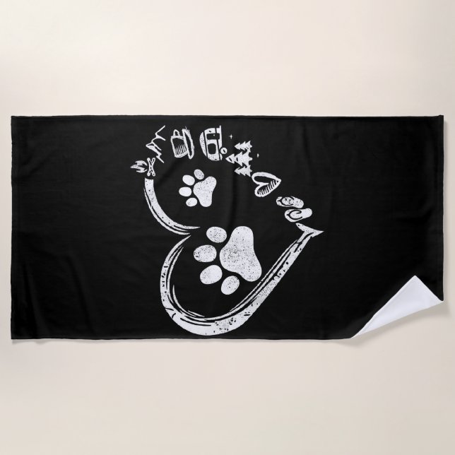 Love Camping Dog Paw Print Heart Flip Flops Coffee Beach Towel (Front)