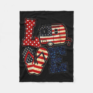 Love Camping Usa Flag 4th Of July Flip Flop Camper Fleece Blanket
