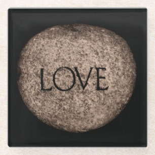 "Love" Carved Stone in Sepia Glass Coaster