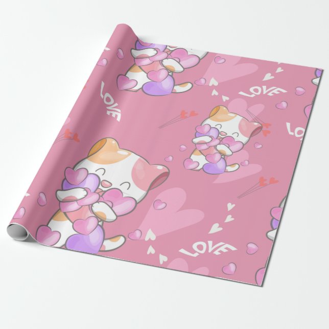 Love Cat Pattern Colourful Pets Animals  Wrapping Paper (Unrolled)