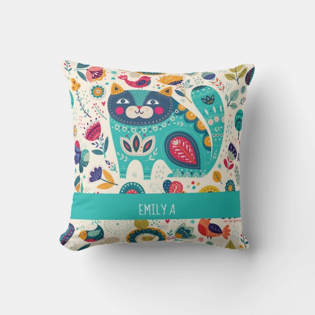 Love Cats Scandinavian Folk Art Flowers Birds Name Cushion (Front)