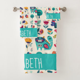 Love Cats Scandinavian Folk Art Girls Decor NAMED Bath Towel Set