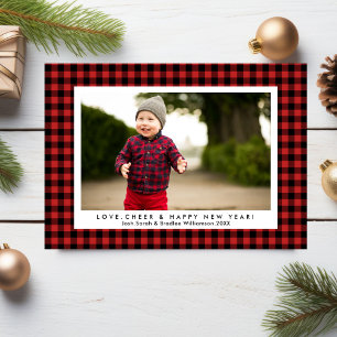 Love Cheer Happy New Year Fun Buffalo Check Plaid Holiday Card