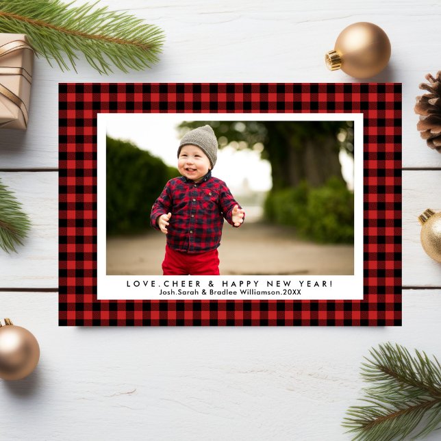 Love Cheer Happy New Year Fun Buffalo Check Plaid Holiday Card (Creator Uploaded)