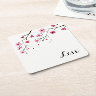 Love, Cherry Blossom, Watercolor painting, Wedding Square Paper Coaster