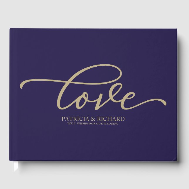 Love Chic Gold Script Navy Blue Wedding Guest Book (Front)