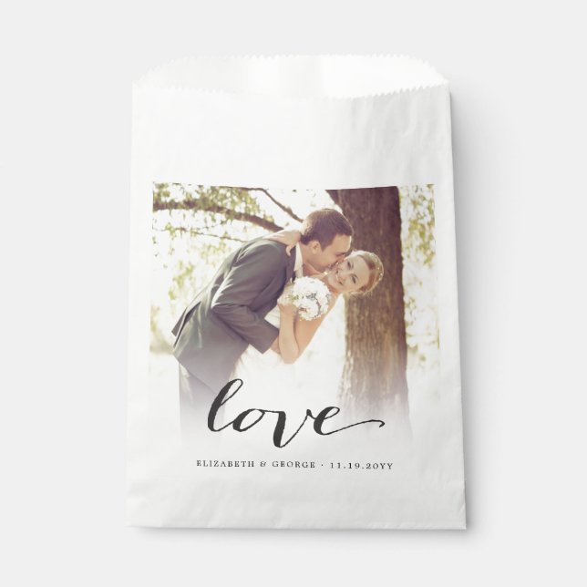 Love Classic Script Chic Calligraphy Photo Wedding Favour Bags (Front)