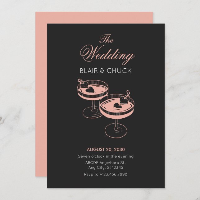 Love cocktail with hearts couple glasses wedding invitation (Front/Back)