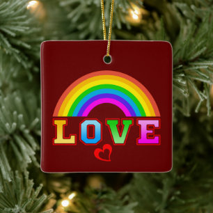 Love Colourful Rainbow Red Heart Ceramic Ornament