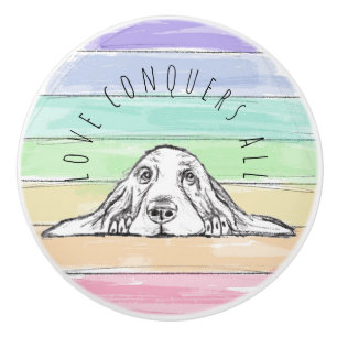 love conquers all dog rainbow basset hound  ceramic knob