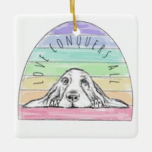 love conquers all dog rainbow basset hound   ceramic ornament