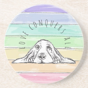 love conquers all dog rainbow basset hound  coaster