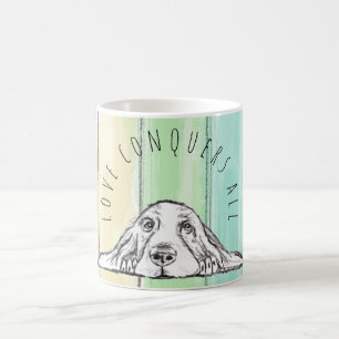 love conquers all dog rainbow basset hound coffee mug