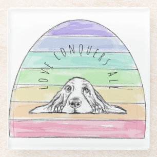 love conquers all dog rainbow basset hound   glass coaster