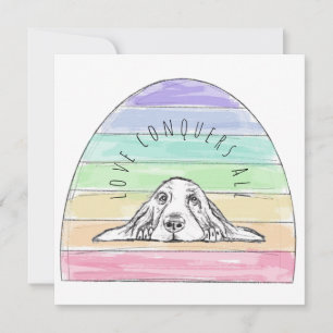 love conquers all dog rainbow basset hound thank you card