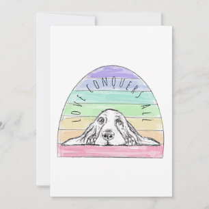 love conquers all dog rainbow basset hound thank you card