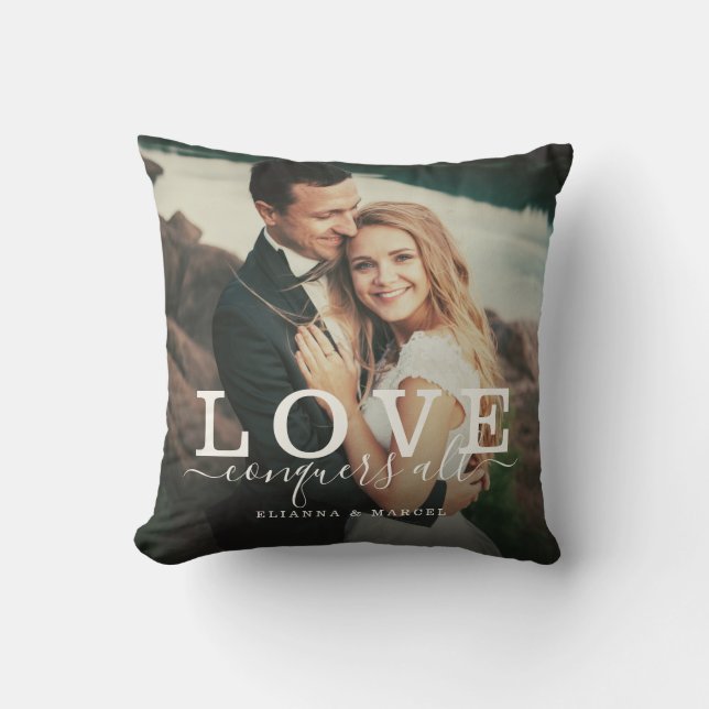 Love Conquers All Modern Brush Script Couple Photo Cushion (Front)