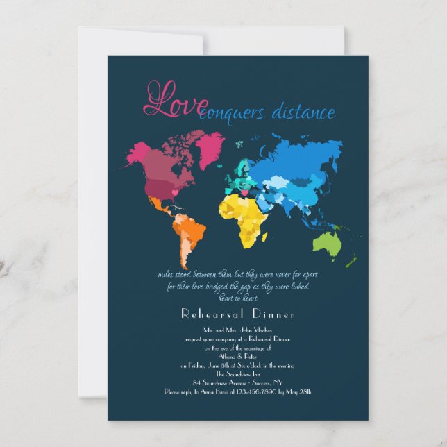 Love Conquers Distance Rehearsal Dinner Invitation (Front)