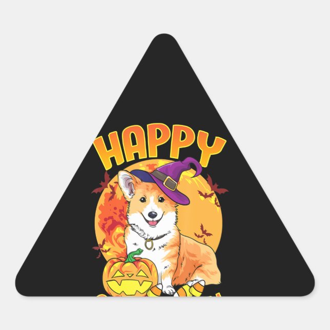 Love Corgi Dog Halloween Candy Pumpkin Cute Funny Triangle Sticker (Front)