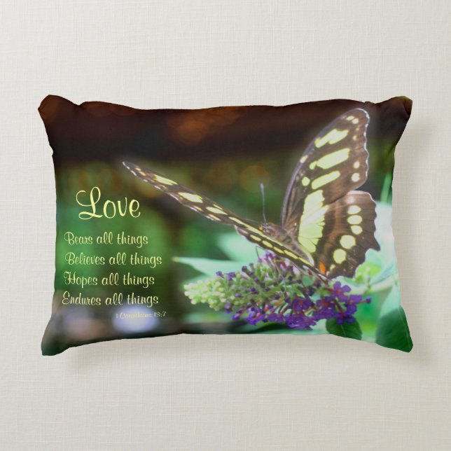 Love Corinthians 13:7 Butterfly Bible Quote  Decorative Cushion (Front)