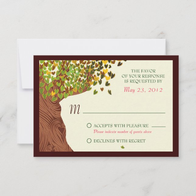 Love Couple Falling Hearts Oak Tree RSVP Card (Front)