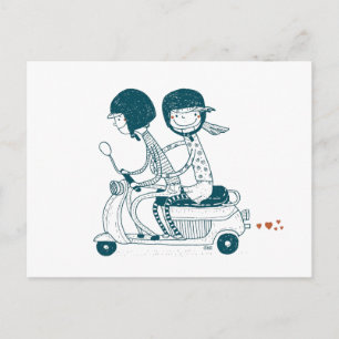 Love Couple on Drawing Postcard
