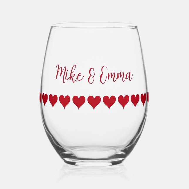Love Couple Red Heart Theme Stemless Wine Glass (Front)