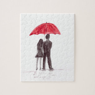 Love couple red umbrella couple watercolor  jigsaw puzzle
