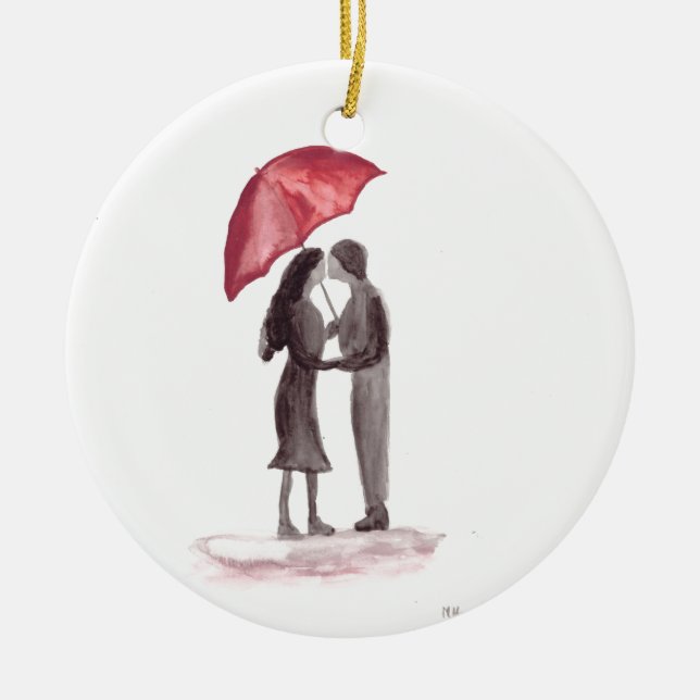 Love couple red umbrella painting ceramic tree decoration (Front)