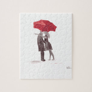 Love couple red umbrella romantic couple kiss jigsaw puzzle