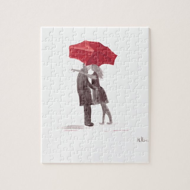 Love couple red umbrella romantic couple kiss jigsaw puzzle (Vertical)