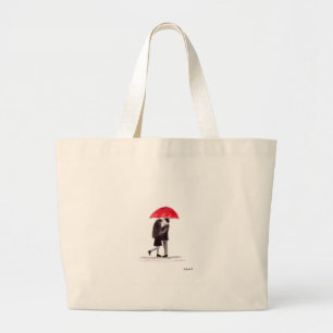 Love couple with red umbrella art large tote bag