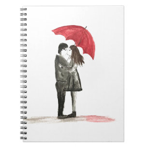 Love couple with red umbrella notebook