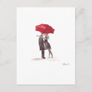Love couple with red umbrella romantic couple kiss postcard