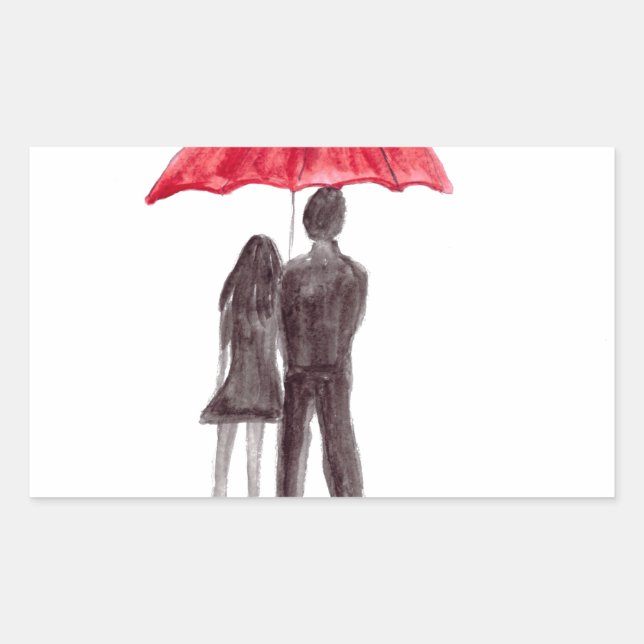 Love couple with red umbrella romantic couple rectangular sticker (Front)