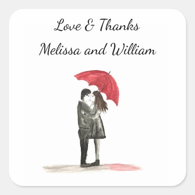 Love couple with red umbrella Wedding Newlyweds Square Sticker (Front)