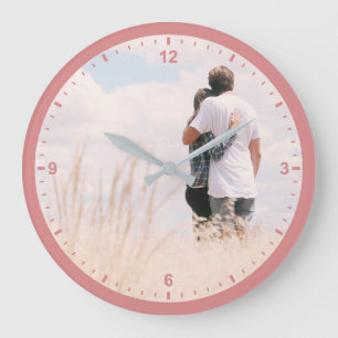 Love Couples Photo Template Rose Pink Coloured Cut Large Clock