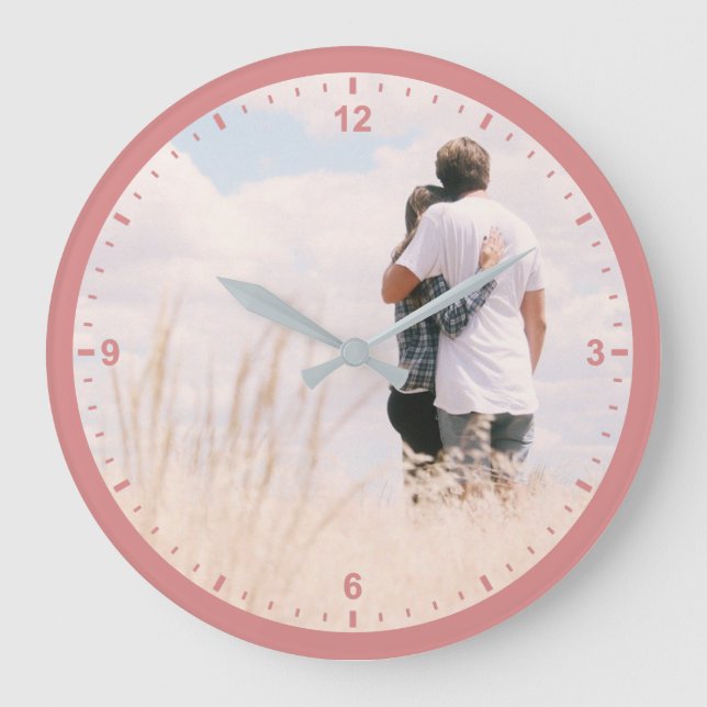 Love Couples Photo Template Rose Pink Coloured Cut Large Clock (Front)