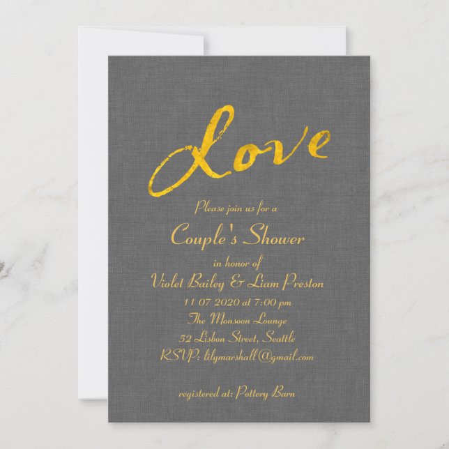 Love Couple's Shower Invitation on Grey Linen (Front)