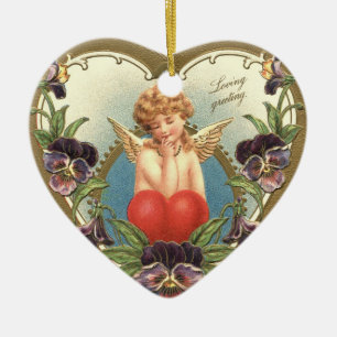 LOVE CUPID WITH HEART AND PANSIES  Valentine's Day Ceramic Tree Decoration