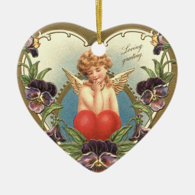 LOVE CUPID WITH HEART AND PANSIES  Valentine's Day Ceramic Tree Decoration (Front)
