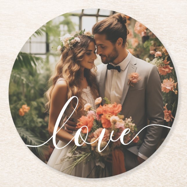'Love' Custom couple photo Round Paper Coaster (Front)